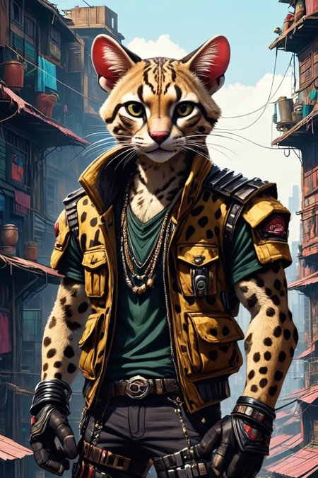 Detailed digital illustration of an anthro Ocelot (Staring into the horizon, pondering life) at a Cyberpunk slums with makeshift rooftop shanties, <lora:xl_more_art-full_v1:0.5>,  <lora:anthro_muscular:0.7> , <lora:madpunk:0.4> madpunk