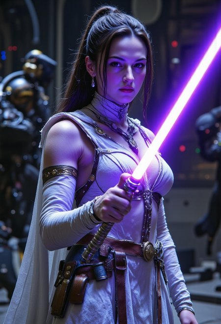 realistic, PHOTOREALISTIC, ((perfect anatomy)), (futuristic warrior holding purple lightsaber:1.3),  25 years old, perfect quality, high quality,(sci-fi, star wars, jedi knight, empress, married), Jaina solo, big brown eyes, dark brown hair, long straight intricate hair, athletic female, ((fitness models, muscle detail, detailed muscle)), long athletic muscular legs, athletic round muscular butt, athletic hips, perfect breasts, perfect body, epic, long hair, intricate hairstyle, cute, soft skin, soft skin, textured skin ,shining glossy skin, soft abs, athletic waist, (slender body),  sci-fi, futuristic, ((intricate transparent flowing sheer jedi robes showing sexy body underneath:1.2, armor parts on body:1.2, marble armor:1.2, greave, boots)), glowing Kintsugi tattoos on body:1.3, Expressiveh, (volumetric lighting:1.2), cinematic, cinematic lighting, reflections, ultra hd, visual effects, graphic effects, ambient occlusion, raytracing, soft lighting, realistic, blum effect, masterpiece, absolutely eye-catching, particles, glow, shining, (intricate cinematic background, on space station, outer space in background, Jaina is dueling an unseen sith lord swinging her lightsaber at them, using the force, god rays), (beautiful face), R3alisticF, Perfect hand, Detailed hand, 5 fingers on each hand