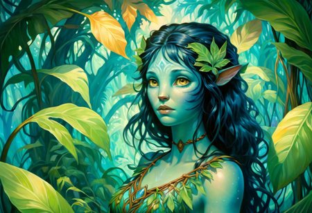 Alphonse Mucha Style page oil  painting of a young female Avatar navi alien with blue skin, wearing leaf tunic in a bioluminescent jungle