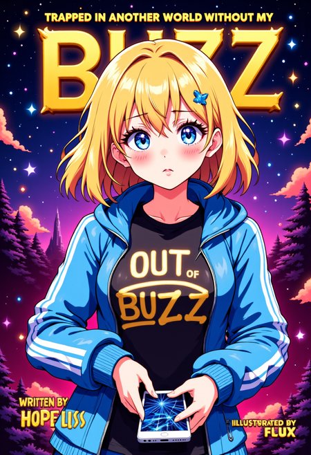 bmstyle, anime, <lora:Black_Magic_XL_Style_V2.0:1>, a book cover, top title text: "TRAPPED IN ANOTHER WORLD WITHOUT MY BUZZ", the word buzz in gold, on shirt text: "OUT OF BUZZ", bottom left text: "WRITTEN BY HOPE LISS", bottom text: "ILLUSTRATED BY FLUX", a woman wearing a track suit, shoulder length blonde hair, blue eyes, in a fantasy setting, a sad look on her face, phone with a cracked screen, aidmaTextImprover, <lora:TextimproverV0.4:1>