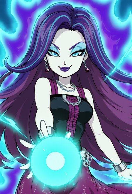 masterpiece, best quality, solo, curvy, beautiful eyes, narrow waist, wide hips, 1girl, solo, smile, looking at viewer, foreshortening, close up, anime screenshot,    ,<lora:SpectraVondergeistMH_IXL:1.0>, zzSpectra, blue eyes, blue hair, long hair, multicolored hair, purple hair, streaked hair, two-tone hair, pale skin, makeup, jewelry, earrings, lipstick, dress, necklace, eyeshadow, bracelet, purple lips,  C0utur3Cr4z3, <lora:CoutureCraze_IXL:0.3>,,vivid aura, looking at viewer, blue background, smug, aura, super saiyan, charging energy, energy ball, energy, lightning, <lora:DBSBroly_Style_IXL_v2:0.6>,