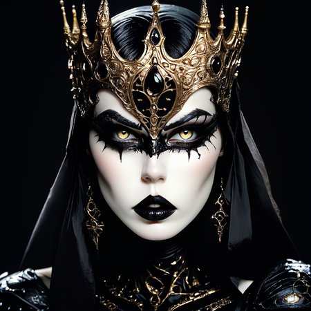 Score_9, score_8_up, score_7_up, score_6_up, BREAK    <lora:GothicDarkFantasyMoviePony:1> ArsMovieStill, Gothic Dark Fantasy movie still, The image is a close-up portrait of a woman's face and upper body. She is wearing a black and gold mask with intricate designs and patterns. The mask is made of a dark material possibly leather or metal and has a large ornate crown-like design on top. The crown is intricately designed with a large eye in the center and two pointed horns on either side. The woman's eyes are dark and dramatic with dark eyeliner and mascara on her lips. She has long dark hair that is pulled back in a sleek straight style. Her face is painted white with a hint of black lipstick on her cheeks and nose. The background is dark and out of focus making the mask stand out even more. The overall mood of the image is dark mysterious and edgy., 1girl, solo, looking at viewer, yellow eyes, portrait, black lips, black background, pale skin, black hair, simple background