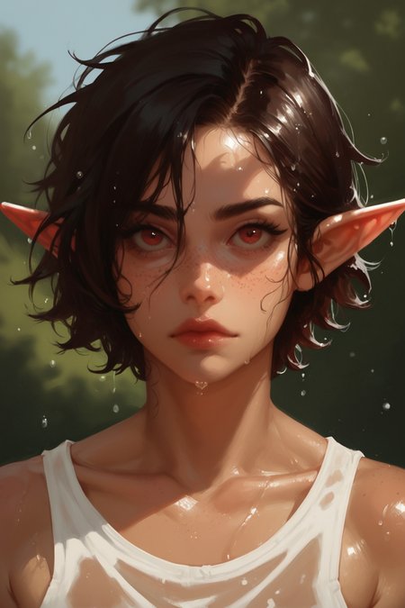 1girl, solo, pointy ears, looking at viewer, portrait, red eyes, , short hair, blurry, black hair messy hair, elf, closed mouth, eyelashes, wet, depth of field, freckles, nose, blurry background, wet hair, collarbone, brown hair, bare shoulders, close-up, light particles,, zPDXL3, detailxl,  Score_PnyReal, (lineless:1.5)