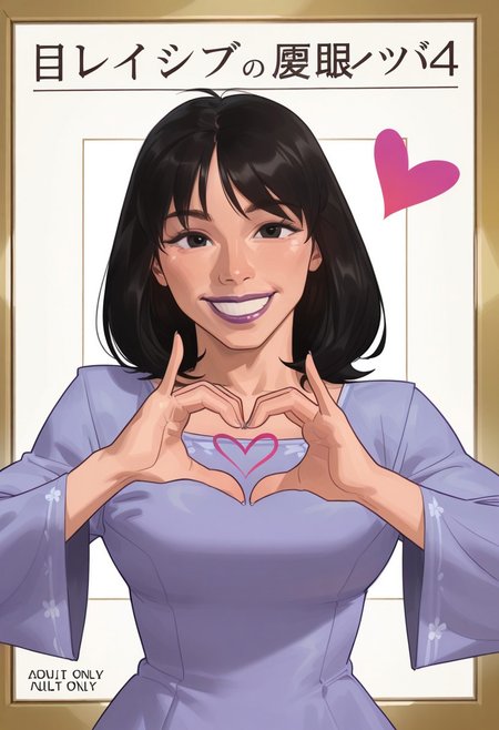 saigalisk,1girl, solo, medium build, medium hair, sfw, safe for work, covered skin, flowy dress,  black eyes, purple lipgloss, smiling, portrait, upper body, doujin cover, heart hands, japanese text,
