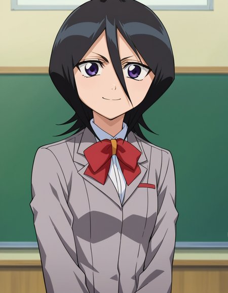 score_9, score_8_up, score_7_up, source_anime, 
rukiakuchiki, <lora:rukia-kuchiki-s1-ponyxl-lora-nochekaiser:1>, 
rukia kuchiki, black hair, hair between eyes, purple eyes, short hair,
skirt, bow, school uniform, jacket, blazer, grey jacket,
indoors, classroom, smile,
looking at viewer, cowboy shot, dutch angle,