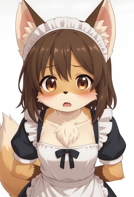 score_9, score_8_up, score_7_up, source_furry, kmc, <lora:FoxGirl_pony_v1:1>, anime screencap, furry female, furry, animal ears, tail, tareme, brown eyes, looking at viewer, blush, fox ears, brown hair, medium hair, open mouth, maid, maid apron, maid headdress, fox tail, upper body, from above, simple background, white background, <lora:p:0.3> <lora:Anime_Screencap:0.7>