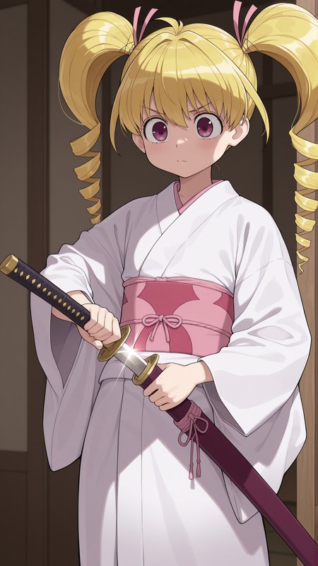 masterpiece, best quality, amazing quality, 1girl, solo,  <lora:IlluBiscuit:1> illubiscuit, purple eyes, blonde hair, twintails, drill hair, white kimono, sheath, sword, tsuka \(handle\), unsheathing, holding,