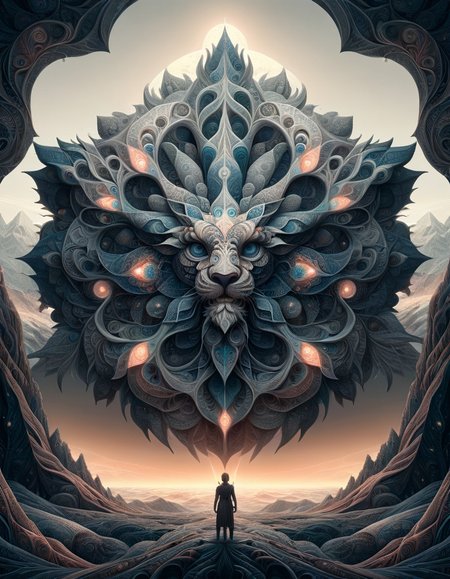two shot angle of a Puny "The Mythology of ral-kldscop", at Dawn, Very wide view, award winning, Monochrome, digital art by Beeple, <lora:ral-kldscop:1>, enchanted, beautiful, fabulous colors, magnificent, beautiful detailed, intricate detail, highly enhanced