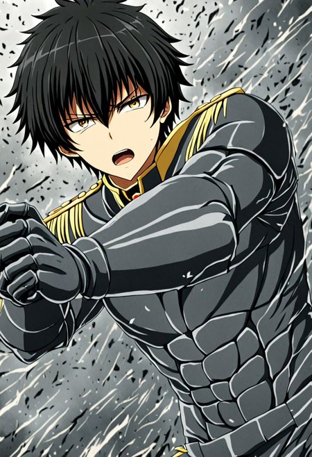 high resolution, solo, best quality, 1Boy, Seiya Kanie, black hair, short hair, military, action, OverallDetail