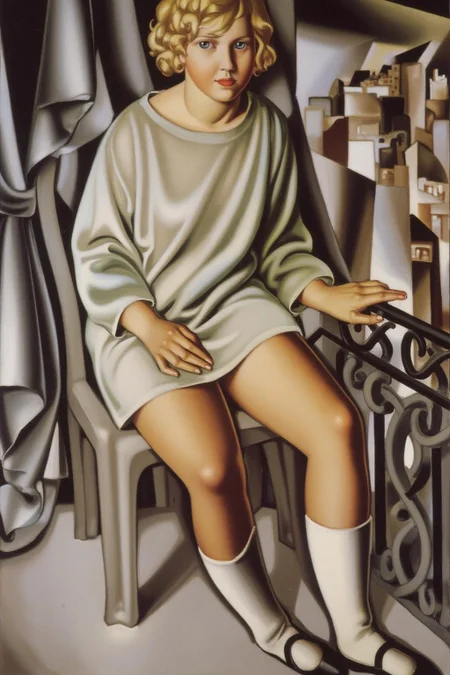 tamaradelempicka1 painting.
A young girl sitting on a chair on a balcony, dressed in a light-colored, loose-fitting dress, white knee-high socks, and black shoes. She has short curly blonde hair. She has one hand resting on the balcony's rail, and the other hand on her lap. Her head is tilted slightly, and she is looking at the viewer. Behind her is a curtain and a cityscape with buildings and geometric patterns. <lora:tamaradelempicka1_cap_d8a4:1.0><lora:863946085041756985:0>
