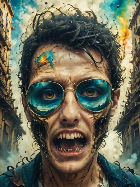 Psychedelic style Man (((with exaggerated expressions))) Sporting Quantum Foam Surface: The skin bubbles with microscopic wormholes and virtual particles., Dynamic Reflection Portraits with Sunglasses: Position your subject wearing reflective sunglasses and capture whatâs reflected in their lenses, such as cityscapes, sunsets, or vibrant scenes..(dynamic:1.1),sun rays,(taken by 12.5mm fisheye lens:1.1), 
(Vivid, HDR, Canon50, 8K, Hyper Realistic, Dramatic, Epic, Dynamic Contrast, Cinematic Lighting, increased brightness)(((Zoomed Out, Far away Shot))) = =. Epic dynamic lighting , vibrant,highly detailed,psychedelic,((Psychedelic, rainbow glow ))
((Vivid, Epic, Dynamic contrast)) (((Zoomed out, Far away shot, In frame)), (((Cinematic)))
<lora:juggernautXL_version6Rundiffusion:0.8> <lora:crystalClearXL_ccxl:0.8> <lora:QuadpipeQp_sdxlV2:0.8>
 <lora:RMSDXL_Photo:0.4>((<lora:fangs_jaws-000009:0.9> woman, fangs, jaws. jaws, bald man, jungle, , side view, torn mouth)) <lora:hyperkraximalism:0.8> hyperkraximalism, - Generate images with sharp edges and fine details.
- Produce high-resolution images with no blurriness or distortions.
- Create images with clear and well-defined subjects.
- Ensure that the output images have crisp lines and distinct features.
- Generate images with vibrant colors and accurate tones.
- Avoid noise or artifacts in the generated images.
- Focus on producing clear textures and patterns in the images.
- Emphasize clarity and definition in all aspects of the generated images.
- Prioritize the sharpness and clarity of the main subjects in the images.
- Optimize the AI model to produce clear and visually appealing images., Wlop, By art germ, Ross tran . Vibrant colors, swirling patterns, abstract forms, surreal, trippy