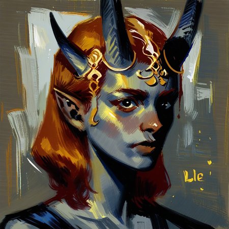absurdres,hires,score_9,score_8_up,score_7_up,score_6_up,score_5_up,score_4_up,solo,milf,BGMizora, 1girl, orange hair, horns, grey skin, jewelry, pointy ears  BREAK
looking_at_viewer,portrait,oil painting,painting_\(medium\),painterly,faux traditional media,expressionism,(traditional media:0.7),(concept art:0.6),abstract,(vibrant colorscale:1.2),color splash,particle effects,cinematic lighting,sharp silhouette,chiaroscuro,gray background,4rch