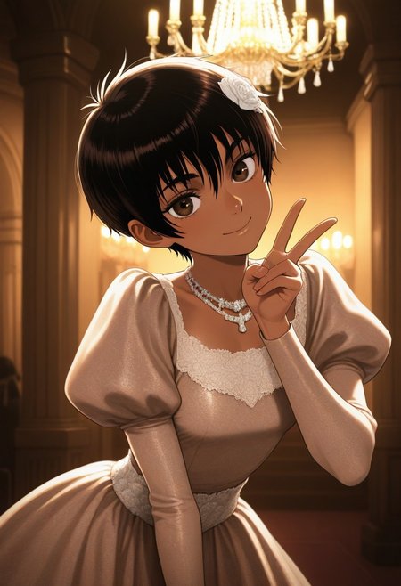 masterpiece, best quality, amazing quality,
 1girl,,casca_(berserk), dark-skinned female,   pixie cut, Sepia colour dress, juliet sleeves, necklace, hair ornament,v,  smile, 
dance_hall,chandelier,at night,Dressed ladies and gentlemen background