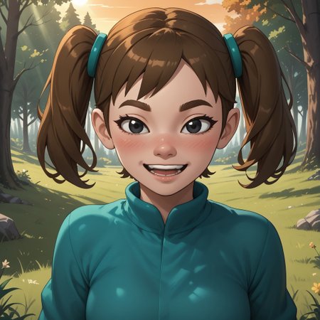 score_9, score_8, BREAK, solo, Mii, Wii, Black Eyes, Half circle eyebrows, big nose, half circle nose, blush, white skin, open mouth, green-ish brown hair, twintails, dark green clothing, 1girl, female mii, Wii Sports Resort, black pants, shoes, cute, medium breasts, Midori_(\Wii_Sports_Resort\), teeth, Nintendo Mii, modern_mii, classic_mii, sexy pose, self portrait, smile, outdoors, sunlight, shadows, evening lighting, natural lighting, forest, trees, grass, orange sky, sunset