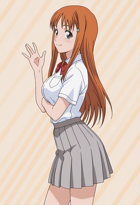 masterpiece, best quality, amazing quality, anime screencap, anime coloring, 1girl, solo,   <lora:DX888Orihime:1> inoue orihime, grey eyes, orange hair, long hair,
hairclip, school uniform, white shirt, grey skirt, red bow,  BREAK brown background, striped background,  (simple background:1.2) BREAK  (dynamic pose:1.2), smile, blsuh, waving, contrapposto, from side,
