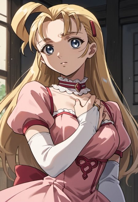 score_9, score_8_up, score_7_up, source_anime,miu furinji, blue eyes, blonde hair, long hair, 1girl, solo, dress, choker, gloves, hair ornament, hairclip, ahoge, bridal gauntlets, hand on own chest, pink dress