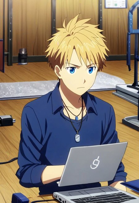 high resolution, solo, best quality, 1Boy, Yamato Ishida, Blond Hair, Blue Eyes, Necklace, worker, working, workstation, concentration, focus, laptop, OverallDetail