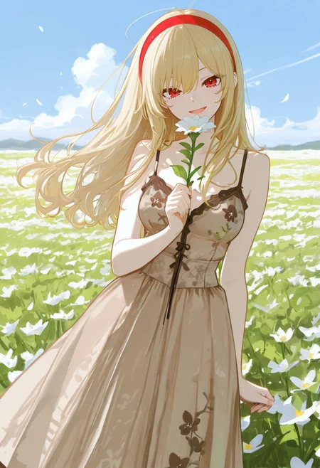 1girl, solo, anime coloring, anime artwork, unholy-aesthetic, masterpiece, best quality, newest, absurdres, highres, safe, CG, cinematic lighting, natural shadow, highest detail, detailed background, intricate scenery, depth of field, insane details, intricate, subsurface scattering, very aesthetic, serene atmosphere, artistic rendering, dramatic contrast, luminous elements, soft painterly texture, striking visual design, finely detailed face, beautiful face, CG, anime, source anime, illustration, high resolution, ultra-detailed, rule of thirds, masterpiece-level,
safe, sfw, intricate scenery, (looking at viewer:1.5),
day, blue sky, clouds, from front,
flower field, floating flower, petals, hair flowing by the wind, holding flower, flower over mouth,
<lora:kaelaIL:0.45> kaelaIL, long hair, medium breasts, red eyes, tsurime, (blonde hair:1.5), red hairband, happy smile, open mouth,
<lora:Mocha_Petal_Dress:0.7> Mocha_Petal_Dress, dress, bare shoulders, sleeveless, bare arms, floral print, spaghetti strap, brown dress, long dress,
<lora:add-detail-xl:1>,
<lora:748cm_illu:0.85> 7481llu,
<lora:USNR_STYLE_ILL_V1_lokr3:0.85> usnr