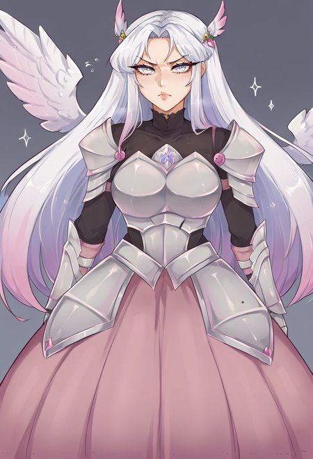 <lora:Spookiebuni_Artist_Style_PDXL:0.8>, score_9, score_7_up, source_anime, BREAK purple clothes,, serious, 1girl, white eyes, white hair, very long hair, parted hair, parted bangs, gradient hair, lilac hair, medium breasts, wing hair ornament, valkyrie, black bodysuit, armor, gauntlets, greaves, pink breastplate, grey armored skirt, armored dress, pink hues,