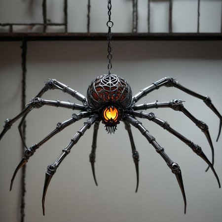 intricate industrial art depicting a Halloween dangling spider made of anodised steel