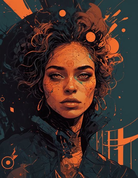 (style of El Huervo, Illustration:1.2), fflix-npt, neon lights, Abstract illustration, concept art, dark azure and orange colors, of a black woman, in the style of the blue period, with a blue and orange palette, vector illustration, poster design, vintage poster style, flat colors, high contrast, high resolution, flat colors, pop art, InkSplash, style of Petros Afshar, Clyde Caldwell, max details, Sinozick Style