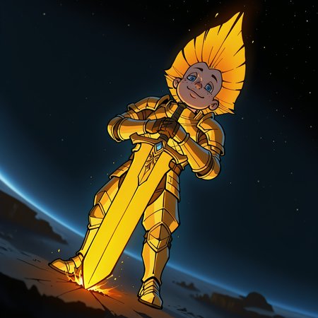 <lora:Neznajka:1.0>, 1 boy, solo,  rich colors, badass boy, <lora:princess_xl_v2:0.6>, Neznajka, <lora:aidmaMJ6.1_v0.5_IL:0.6>, strong, paladin armor, blue eyes,  , (young:0.9), detailed backgroung,paladin,dark fantasy, dynamic, best quality, amazing quality, very aesthetic, absurdres, newest, depth of field, separate focus, dynamic angle, dynamic composition, masterpiece, highres, 4k, intricate details,three quarter view,  face focus,  powerful, paladin clothes, holy, smug, holy magic, holy armor, full body,  glowing red armor, holy sword, holy shield, holy aura, arrogant look, sword close to viewer, sword on foreground,  dark, night, pitch darkness,  SPACE, STARS