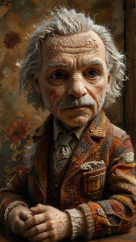 A crafted hand-crocheted doll of Albert Einstein, complete with his iconic features, exudes charm and attention to detail against a cozy vintage backdrop 
award winning artwork,
many details, extreme detailed, full of details,
Wide range of colors., Dramatic,Dynamic,Cinematic,Sharp details
Insane quality. Insane resolution. Insane details. Masterpiece. 32k resolution.
 <lora:add-detail-xl:0.65> <lora:casting shadow style v2:0.1> casting shadow style, cucoloris patterned illumination <lora:CinematicStyle_v1:0.1> <lora:Disturbia:0.15> <lora:dvr-lnds-sdxl:0.1> dvr-lnds-sdxl <lora:MJ52:0.2> <lora:princess_xl_v2:0.1>  <lora:ral-dissolve:0.1> ral-dissolve <lora:ral-ertmsphr:0.1> ral-ertmsphr  <lora:ral-porcelain:0.3> ral-porcelain <lora:ral-pxlprtcl:0.31> ral-pxlprtcl  <lora:xl_more_art-full_v1:0.5>