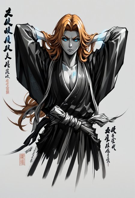 score_9, score_8_up, score_7_up, score_9, <lora:cllgrphy_pdxl_EliPot:1>, monochrome, japanese text, <lora:EPblMatsumoto:1> epblmatsumoto, japanese clothes, orange hair, blue glowing eyes, arms behind head,