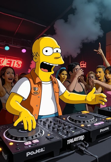 b0173r_r00m, Homer Simpson djing, homer, yellow man, DJ, low angle, dj desk, nightclub, lights, light show, smoke, fog in the background, dancing people, party atmosphere, homer looks enthusiastic, sings along, open mouth, open eyes,