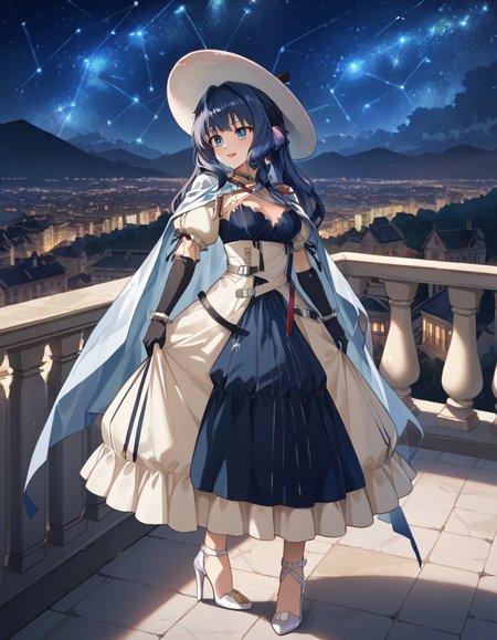 Volumetric Lighting, (masterpiece), (best quality), (ultra-detailed), masterpiece, source_anime, score_9, score_8_up, score_7_up BREAK, light depth, dramatic atmospheric lighting, Volumetric Lighting, Astesia, long hair, blue hair, blue eyes BREAK, Astestr, str dress, layered dress, str skirt, str gloves, str hat, str cape, str high heels BREAK, outdoor,night,constellation,starry sky,hill , city view