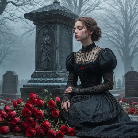 epiCRealism, masterpiece, highly detailed, one girl, pale and delicate, mourning in front of a tomb in a frozen winter morning, mist still clings to the ground while a timid Sun rises on the horizon, a bright red bouquet of roses lays on the tombstone, she wears a highly detailed black laced Victorian dress and sits on the earth in front of the tomb, the skirt spreads around her, view from the side, a small tear drops through her cheek,