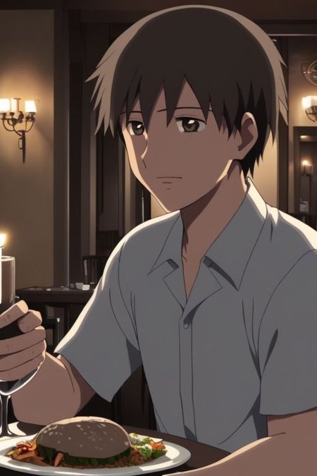 high resolution, solo, best quality, 1Boy, Takaki Toono, Brownish Hair, Brown Eyes, dating, romantic, dinner, OverallDetail