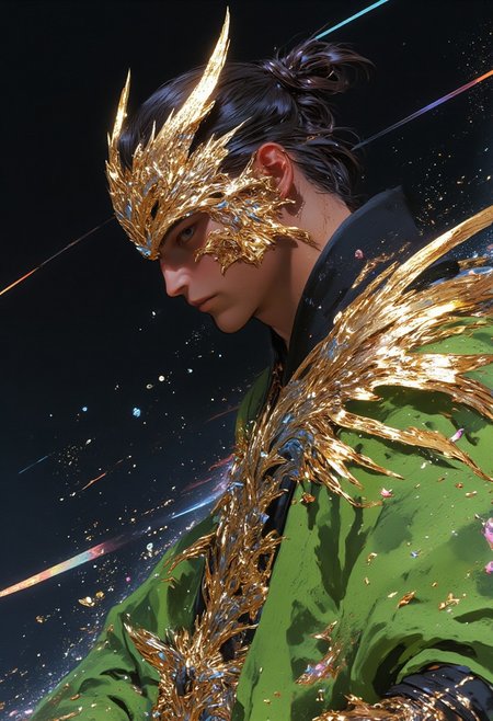A hyper-realistic, Cinematic style, mythp0rt, close-up three-quarter profile portrait (60-degree angle, facing right) of a clean-shaven man with a strong, masculine jawline, wearing a traditional samurai robe in vibrant fluorescent green. The robe features intricate golden patterns that shimmer with subtle radiance under the lighting, contrasting sharply with the glowing green fabric. His long, dark hair is pulled back into a sleek man bun, accentuating his defined features. He wears an intricate golden eagle-shaped mask, beautifully detailed with lifelike feathers that fan out from the sides. The mask’s beak is slightly open, lending him a fierce, commanding presence, while the feathers catch the light with hints of metallic gleam. The background is a vast, dark expanse of space, dotted with stars and glowing nebula clouds in hues of blue, purple, and soft pink, creating an otherworldly aura that accentuates the surreal, cosmic setting. Starlight subtly reflects off his mask and the vibrant green robe, emphasizing the intricate textures of both. The precise, dramatic lighting illuminates every detail, from the delicate feathers on the mask to the rich texture of the golden embroidery, capturing the depth and intensity of his gaze against the infinite, mysterious backdrop of the cosmos.