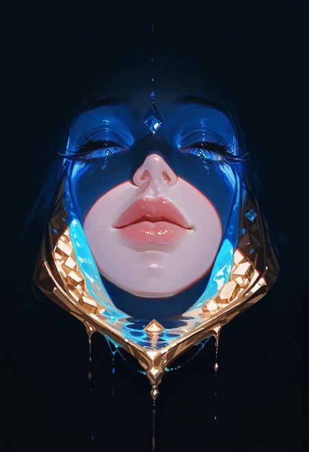 masterpiece, best quality, good quality, very aesthetic, absurdres, newest, solo, closed_eyes, food, lips, no_humans, shadow, gem, facing_viewer, crystal, gold, still_life, surreal, diamond_\(gemstone\),Skin peeling,Pale skin,water, Extreme Close-Up,gobo lighting, shadows,
Cool And Blue Lighting, <lora:ponyv4_noob1_2_adamW-000017:0.7> <lora:USNR_STYLE_XL_lokr:1> <lora:GOBOLightingILL:0.7>