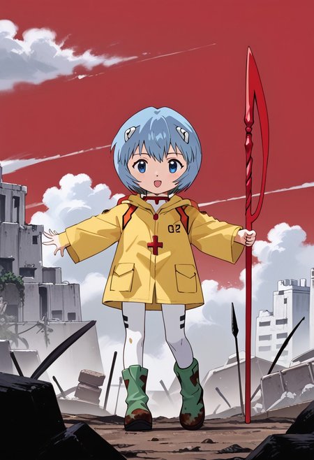 score_9, score_8_up, score_7_up, 
highres, highly detailed, high resolution, high quality, 
source_anime, anime screencap, saturation, vivid colors, 
1girl, solo, luce, full body, standing, action. dynamic pose, 
light blue hair, big dark blue eyes, short hair, cute,
(long yellow raincoat:1.1), dirty green rubber boots, 
cross on the neck,
reiayanamicosplay, ayanami rei \(cosplay\), bodysuit, headgear, plugsuit, white bodysuit,
holding red spear, evangelion spear, Spear of Longinus,
epic Sci-fi battle background, detailed ruined city background, outdoors, cloudy sky, battle, ruins, dust, red sky, b4ttl3f13ld,
BREAK 
sahaquiel \(evangelion\), no human, alien, spread arms, floating, center eye, monster