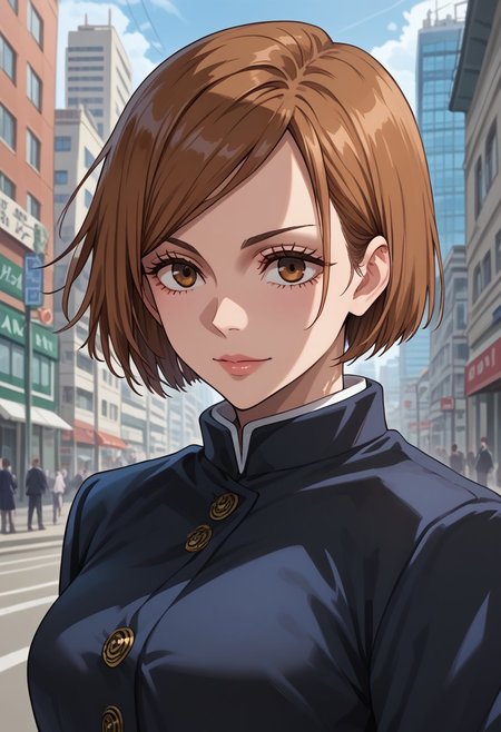 anime artwork, score_9, score_8_up, score_7_up, score_6_up, score_5_up, solo, perfect eyes, detailed eyes, beautiful female, detailed face, dynamics lines, 20 year old, perfect beautiful face, long eyelashes, sharp eyes pupils, city, (upper body:1.5), smile, medium breasts, wide hips, hips,,1 girl, nobara, brown hair, short hair, brown eyes, school uniform, black jacket, brown belt, black skirt