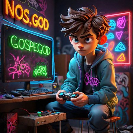 pc gamer boy , using controller , graffiti neon images of a neon lit sign with the text 'NoScopeGOD'
