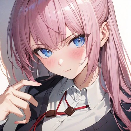 (masterpiece),(best quality),(ultra-detailed),(best illustration),(best shadow),(absurdres),(detailed background),(very aesthetic),shikimori, 1girl, pink hair, solo, blue eyes, long hair, shirt, white shirt, looking at viewer, school uniform, collared shirt, white background, upper body, necktie, red ribbon, blush, jacket <lora:shikimori:1>
