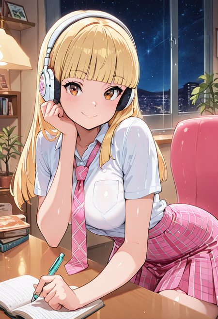 masterpiece, best quality, solo, curvy, beautiful eyes, narrow waist, wide hips, 1girl, solo, smile, looking at viewer, foreshortening, close up,  anime screenshot,    zzPearlCitron, brown eyes, blonde hair, long hair, straight hair, blunt bangs,   white headphones, pink necktie, collard shirt, white shirt, plaid skirt, pink skirt, shirt tucked in,   ,<lora:PearlRakuCitronOC_IXL:1.0>,  , zzLofi, sitting, side view, desk, chair, book, bookshelf, head rest, holding, holding pen, lamp, night, open book, pen, plant, potted plant, sky, star (sky), starry sky, window, windowsill, writing, <lora:LofiGirl_Style_IXL:0.8>,