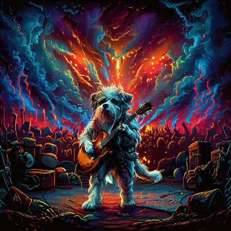 <lora:ZIP_SDXL:1> Hey dog looking at the viewer Walking on stage playing his guitar  <lora:1980s_Fantasy_Style_test_2:0.8> 1980s Fantasy Style, vivid color <lora:Rock_Concert:0.8> r0ckc0ncert, on stage, light show, smoke, band, instruments <lora:tbh160-sdxl:0.8> style of Dan Mumford