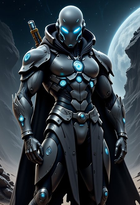 Space Ranger, Futuristic Tactical Armor, High-Tech Bow, Weathered Cloak, Starry Sky, Alien Landscape, Ancient Ruins, Distant Planets, Glowing Tech Symbols, Demon Hunter, Shadowy Creatures, Cosmic Backdrop, Focused, Expression, Battle-Hardened, Mysterious Atmosphere, Starship Cockpit, Asteroid Field