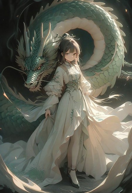 ((masterpiece, best quality, extremely detailed, absurdres)),(fantasic illustration, dynamic lighting), on the moon, 1girl, artistic use of contrasting colours and brightness, beautiful face, (guarded by Chinese dragon:1.2), the earth can be seen in the sky, fullbody, dress, <lora:flat2:-1.8>, 8k, very fine detail, cinematic composition and lighting