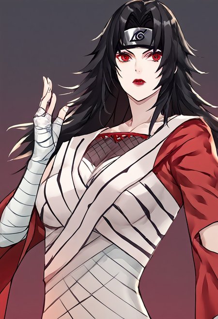 score_9, score_8_up, score_7_up, score_6_up, score_5_up, score_4_up, source_anime, 1girl, 
kurenai, red eyes, black hair, long hair, forehead protector, lipstick, fishnet top, single sleeve, white dress, bandages, bandaged arm, toeless footwear, 
masterpiece, best quality, very aesthetic, absurdres,