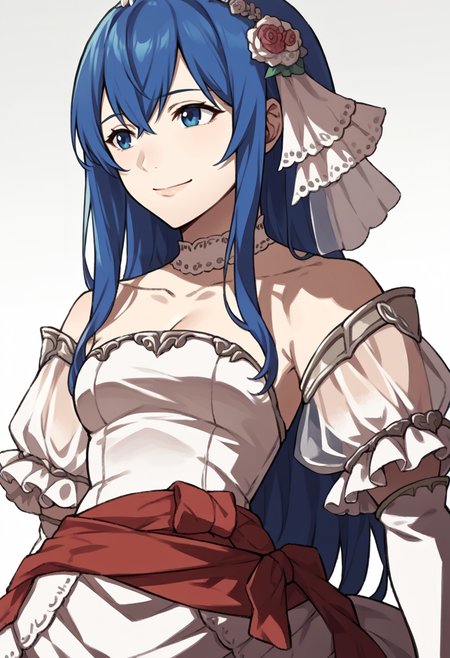 score_9, score_8_up, score_7_up, source_anime BREAK 1girl, solo,
<lora:zs_AwakeningPortraitsXL:1> awakeningportraits, portraits, white background
 <lora:caeda-fe-richy-v1_pdxl:1> caedabrd, blue eyes, blue hair, long hair, bangs, hairband, frilled hair ornament, white choker, bride, wedding dress, cleavage, detached sleeves, puffy short sleeves, see-through sleeves, long sleeves, frills, red sash,  smile