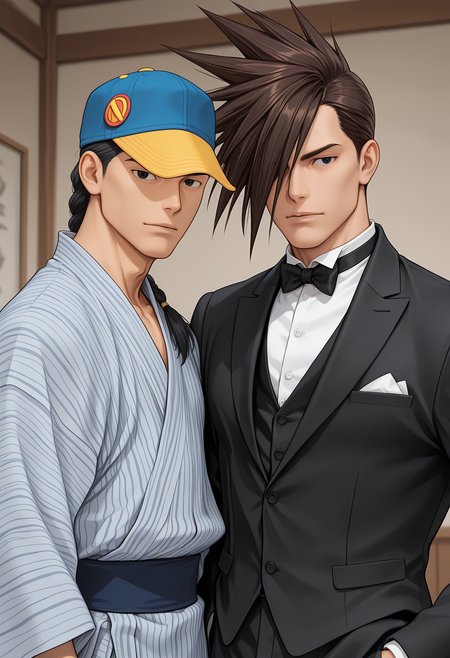 masterpiece, best quality, amazing quality, dutch angle, dynamic angle, abstract background,<lora:cfg_scale_boost:.6>,   <lora:Yun_Lee_and_Yang_Lee_-_Street_Fighter_-_ILXL:1> ADDBASE
2boys,male, sf_yun, baseball cap, black hair, single braid, long braid, black eyes, yukata, japanese clothing, ADDCOL
2boys, male, sf_yang, spiked hair, hair over one eye, brown hair, black eyes, tuxedo, formal, bowtie