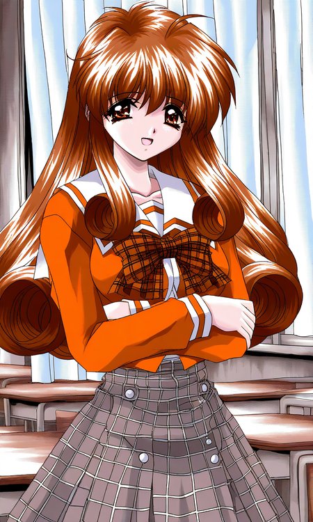 general,highres, ultra-detailed,very aesthetic,best quality ,best hands, BREAK <lora:Ichijo_Serika_Ver2.0_Akumu_AoiKajitsunoSange_IS:1>
Ichijo_Serika, 1girl, solo, long hair, curly hair, brown hair, brown eyes, medium breasts, sidelocks,
open mouth, curly hair, light smile, orange school uniform, ribbon, white+gray skirt, outdoors, crossed arms, check skirt, plaid bow, long sleeves, serafuku, School, class room, curtain.