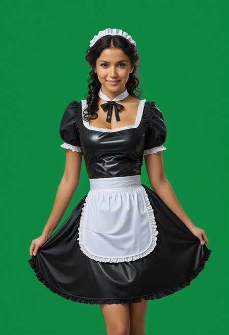 green screen, green background, greenscreen, solid green background,
wide shot, full body photo
of 23 y.o female woman
black shoulder length hair,
perfect featureless skin,
hourglass shape,
big breasts, <lora:chest_adjust:11>,
long curly shiny black hair
dark brown eyes
naughty smile
bimbo lips
hypnotic eyes
hypnosis, mind control,looking at viewer
wearing black latex maid uniform with white frills and a thick black latex dress long enough to hide her feet victorian maid
full color, high detail, 8k, highly detailed, symmetry