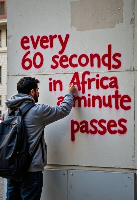 A guy write a large red graffiti text "every 60 seconds in Africa a minute passes" on the steet wall, he is in hooded sweater wearing backpack.
