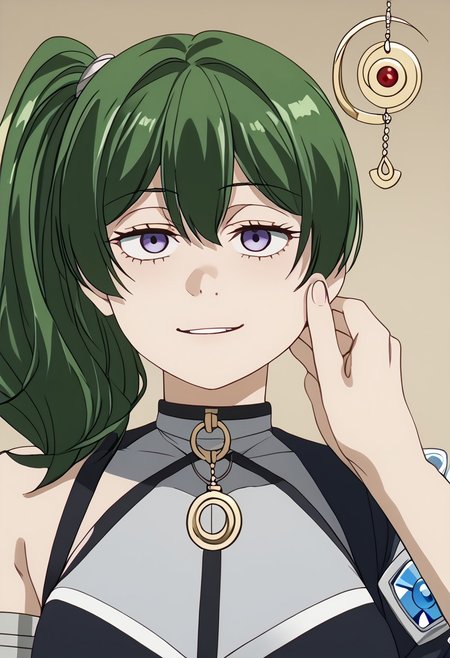 Ubel being hypnotized,
score_9, source anime, lewd, 1girl,
mind control, hypnotized, blank stare, half lidded eyes, expressionless, slack jaw, (hypnotic pendulum in face), drooling, small smile, empty eyes, no pupils,
cheek pinching, pov hands, ((pov holding pendulum)), coin on a string,
ubel, green hair, bangs, hair between eyes, side ponytail, purple eyes,