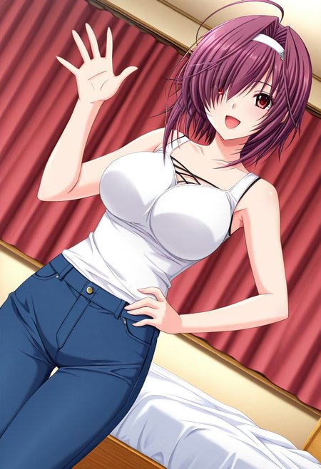 general,highres, ultra-detailed,very aesthetic,best quality ,best hands,best eyes,easynegative,
dynamic anglre, dutch angle, anime cloring,anime screencap,
1girl solo,looking at viewer,bedroom,smile,open mouth,hand on hip,waving hand, 
Amane Amamiya,purple hair, hair over one eye, ahoge, short hair, red eyes, hairband, white band,huge_breasts,bare shoulders shirt, pants,